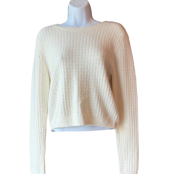 Open Edit Embellished Sweater Sequin Sparkle Knit Long Sleeve Top Cream S NEW - Picture 1 of 6